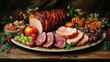 © Tichila - Various holiday meats, glazed ham, roasted turkey, and beef tenderloin, garnished with fresh herbs and seasonal fruits, set on a rustic wooden table with a festive table setting. a New Year's feast.