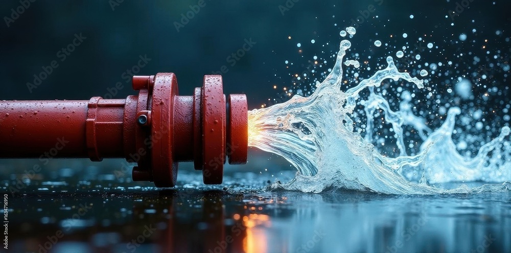 High-pressure water erupting from fractured pipeline valve , accident ...