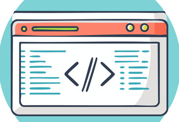Illustration of a web browser window displaying code symbols and lines representing computer programming concept
