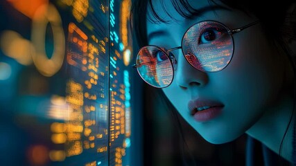 Young woman with round glasses gazes intently at a screen filled with glowing data in a dark room