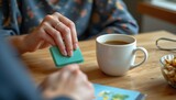 Soft focus b roll showing a mug of tea beside the table, mother's hand brushing past a colored card.