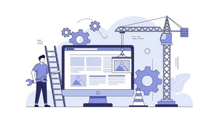 Flat illustration of a website is under construction with a developer, crane, and gears symbolizing the building process