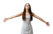 © David - Caucasian young female with long brown hair in white dress embracing open arms gesture. Cut out PNG