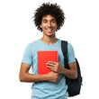 © shahida  - Smiling young man with curly hair holding a red book and wearing a backpack isolated on transparent background
