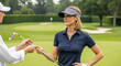 © Николай Срибяник - A stylish woman golfer in a navy polo shirt and visor receives a golf club from another person on a lush green course, suggesting preparation and the start of a game.