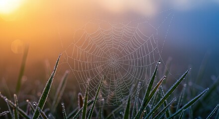 Magical morning dew clinging to spiderweb in grassy meadow creates stunning nature background