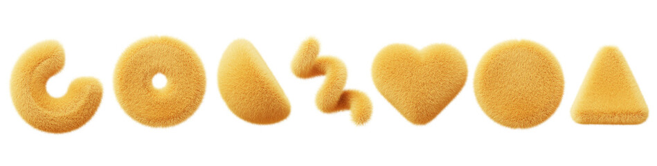 Yellow fur fluffy geometric 3d shapes render icon set. Abstract fuzzy ball, heart, ring, hemisphere, triangle, spiral line, love symbol with hair texture, isolated design elements
