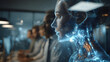 © Prasanth - An AI hologram agent representing autonomy and teamwork, standing beside humans in a modern office, symbolizing collaboration between artificial intelligence and human workforce