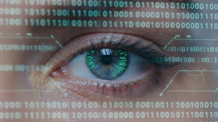 closeup of woman's eye with reflected computer code for technology and innovation concepts. high-tec