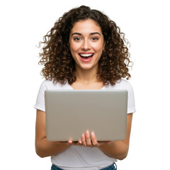 Excited young woman with curly hair holding a modern laptop computer with a joyful expression isolated on transparent background
