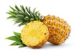 © twobrother - A halved and whole mini pineapple with vibrant yellow flesh and green spiky leaves, isolated on a white background, showcasing its juicy texture and sweet appeal