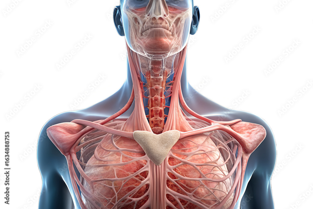 Anatomical rendering of a human torso showing muscles, veins, and ...