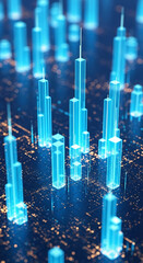 Poster - Abstract 3D rendering of glowing blue digital skyscrapers on a circuit board, symbolizing technological advancement and data visualization, ideal for tech or finance concepts