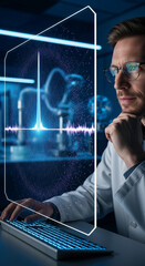 Wall Mural - scientist analyzing data on a transparent digital screen, showcasing technological advancement in re