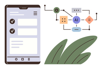 Smartphone interface and AI process visualization in connected shapes. Ideal for technology, AI, app development, workflow, innovation, digital tools, conceptual design. Clean simple flat metaphor