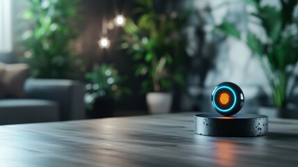 Futuristic glowing sphere on table for technology and innovation concept