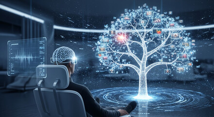 Wall Mural - person in vr headset views digital tree displaying image data, symbolizing knowledge access, informa