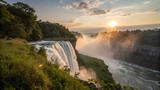 Golden sunset illuminates the majestic victoria falls with its cascading waters