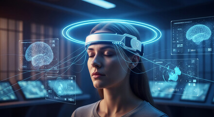 Wall Mural - woman with futuristic headband, connected to holographic brain scans/data displays, showcasing tech 
