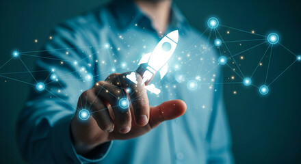 Wall Mural - hand interacting with a digital rocket launching, symbolizing innovation, growth, and technological 