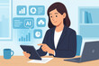 © Dave - Vector-style illustration of a businesswoman in a blazer using a tablet with AI-powered data analytics visualizations