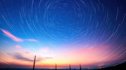 Wall Mural - Stunning circular star trails across dynamic twilight sky illustrating celestial rotation and time lapse beauty over natural landscape