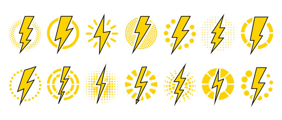 Wall Mural - Lightning bolt icons in dotted circles. Vintage flash symbol, thunderbolt vector illustration. Lightning strike sign