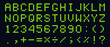 © Angela Ksen - Green Digital Dotted Font Letters, Electronic Alphabet, retro text symbols, monitor characters, and scoreboard digits. Vector EPS 10