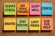 © Mostafizur - Motivational sticky notes with tips on stress relief, social media limits, and positive mindset healthy lifestyle Background
