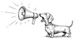 © Olga Ко - Dachshund shouting into a megaphone, dog with loudspeaker, vintage ink sketch doodle black and white vector illustration on white background