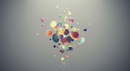 Wall Mural - Ethereal Dance of Chromatic Spheres: Abstract 3D Render of Vibrant, Glowing Bubbles Ascending Against a Soft Grey Background