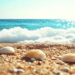 Wall Mural - seaside scene with shells scattered on the sand, with the ocean waves in the background