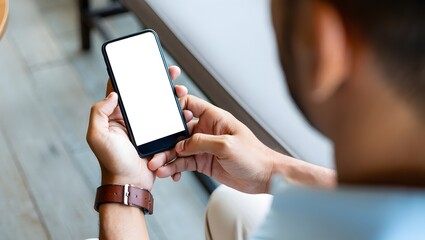 Mockup, woman's hands holding mobile phone with blank screen in coffee shop. Woman using smartphone, looking at the screen, over shoulder view