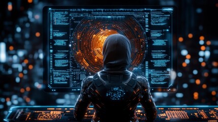 Futuristic hacker exploring advanced technology while analyzing data on a high-tech digital interface in a cyberpunk environment