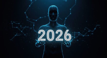 Wall Mural - Futuristic Humanoid Holding Glowing 2026, Digital Future Concept, Blue Tones.