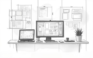 Website designer Creative planning application developer development draft sketch drawing template layout prototype framework wireframe design studio . User experience concept . High quality