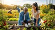© Mateus - Garden Harmony: A multi-generational group of individuals collaborate in a community garden, cultivating vegetables and flowers, embodying shared growth, healthy eating.