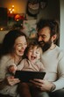 © Kotlet - Smiling family sharing laughter and joy while using a tablet together. Indoor setting with holiday decorations.