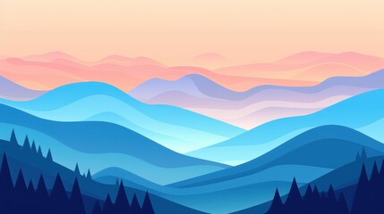 Wall Mural - Witness serene blue mountains shrouded in mist, blending seamlessly with a pastel orange sky at twilights embrace.
