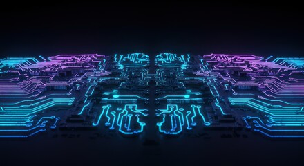 Wall Mural - Glowing Neon Circuit Board: Abstract Digital Landscape of Teal and Purple Pathways