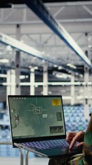 Poster - Vertical video Army specialist in data center integrating AI into radar systems for missile tracking. Military soldier in server room analyzing aerial movement through artificial intelligence systems