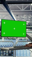 Poster - Vertical video Soldier and female technician use green screen computer to manage server hub systems. African american woman and army commander use mockup workstation in data center, camera A