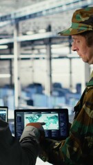 Poster - Vertical video Military commander and female programmer in data center tracking coordinates using notebook software. Soldier and african american woman in server hub analyzing reconnaissance data
