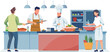 © Rizky - Chef and cook preparing dishes in a busy kitchen, serving food to customers in a vibrant vector illustration.