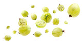 Fresh green gooseberries flying against white background