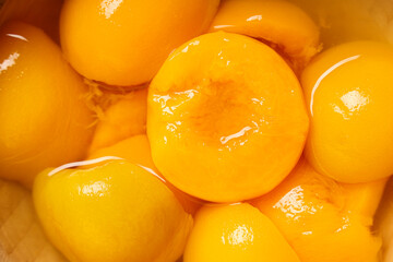 Wall Mural - Tasty canned peaches as background, closeup