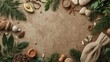© Vectstock Sets - Photo of overhead shot of natural christmas decorations arranged on a rustic brown surface creating a festive holiday background