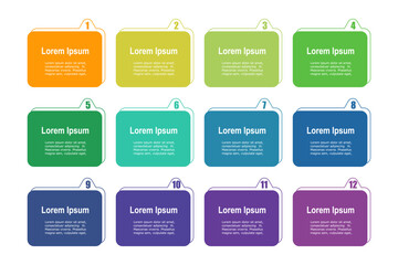 Wall Mural - For business concept with 12 steps infographics, multicolor rectangle shape, design for workflow layout, diagram, annual report, web design. vector illustration