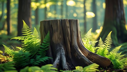 Ancient tree stump surrounded by lush green ferns in a sunlit forest