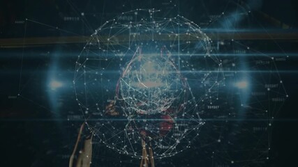 Poster - Male hands touching holographic network globe in tech interface, rotating data nodes for analysis
